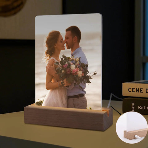 2 Pack 5x7 Sublimation LED Acrylic Photo Frames Night Lights Heart Shape With Warm Color Light And Wood Stand Blank Frames