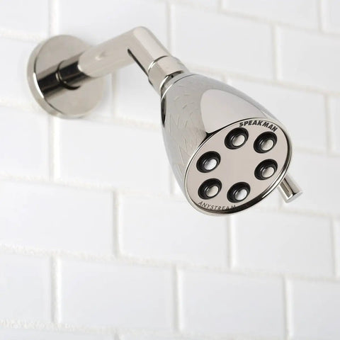 S-2252-PN-E2 Signature Brass Icon Anystream Adjustable Shower Head with polished nickel finish on white tiled wall