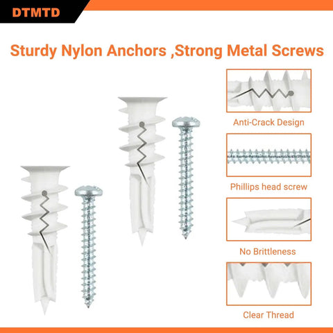 120 Piece Self Drilling Drywall Anchors And Screws Kit Nylon Expansion Anchors With Metal Screws One And A Half Inch White No Pre Drill