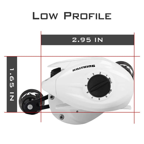 White low-profile fishing reel with 2.95 x 1.65 inch dimensions, Crixus Fishing Rod And Reel Combo For Spinning And Baitcasting