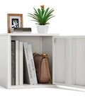 Sturdy 0.9mm Steel Cube Storage Organizer With Door 11 By 11 By 11 Inches Compact Desk Side Cabinet Boss Grade Stackable Modular Metal Bin For Office And Home No Fuss Odor Free And Durable shown storing books and a bag.