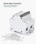 80 Amp 2 Pole AC Miniature Circuit Breaker With Thermal Magnetic Trip For 120V 240V DIN Rail Mount Solar Disconnect MCB 2P C80 Overload And Short Circuit Protection DIY Friendly Panel Mount Heavy Duty Electrical Breaker, showing side view with silver alloy contacts.