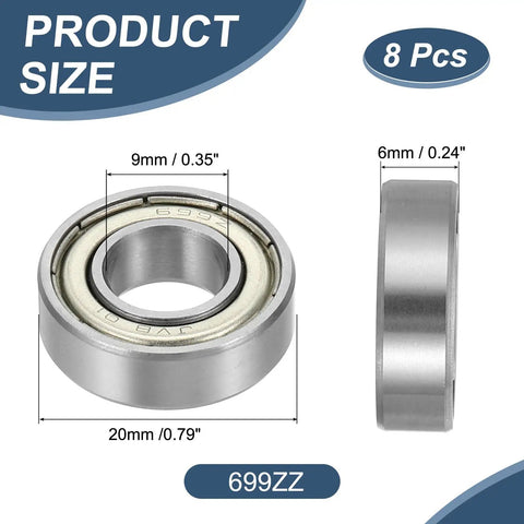 Eight Pack 699ZZ Deep Groove Ball Bearings 9x20x6mm Chrome Steel Double Shield ABEC5 product size dimensions