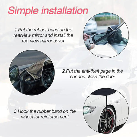 Universal Windshield Snow Cover For Cars, Trucks And Vans, installation stages on car side mirror, door, and wheel for secure fit