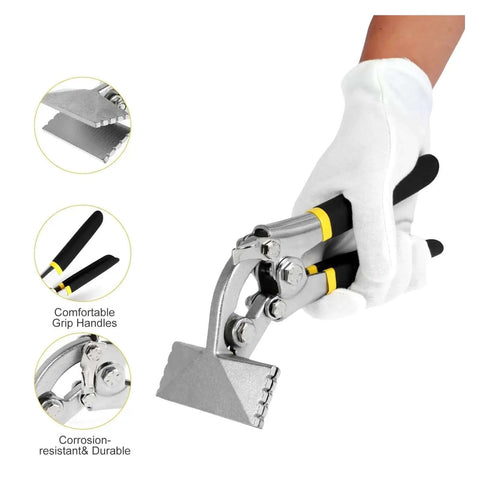 Hand holding Heavy Duty 3 Inch Sheet Metal Bending Pliers One Piece Alloy Steel Nickel Plated Hand Seamer with Ergonomic Handle