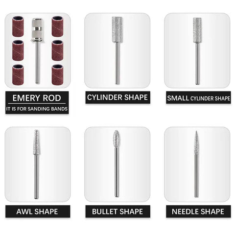 Six precision bit shapes from 108 Piece Model Tools Kit For Modelers And Hobbyists, including emery rod and cylinder shapes.