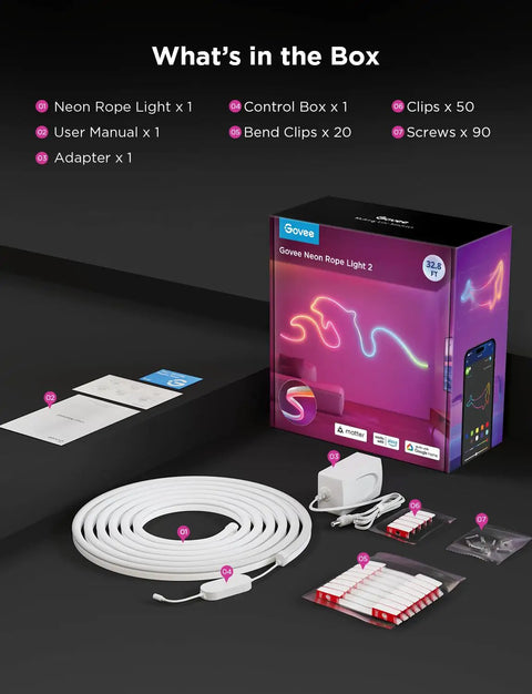 RGBIC Neon Rope Lights 32.8Ft With 64 Presets, Flexible Softer Material in box with components and user manual