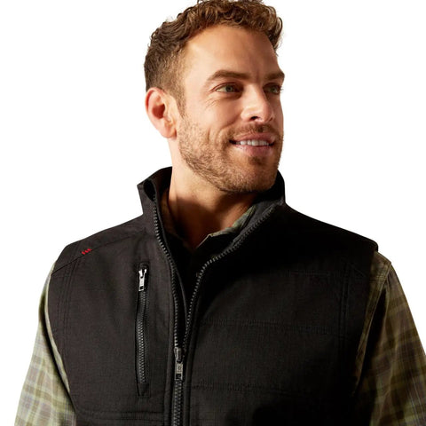 Men's Tough As Nails Fire Resistant Insulated Vest Black Large shown on model, features quick zip closure and a durable shell.