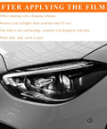 Close-up of car headlight showcasing 12X48 Inch Matte Black Taillight Tint Film Kit With Squeegee And Cutter applied.