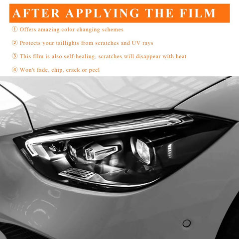 Close-up of car headlight showcasing 12X48 Inch Matte Black Taillight Tint Film Kit With Squeegee And Cutter applied.