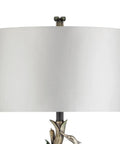 Close-up of Crane Motif 31 Inch Tall Table Lamp With One Light, Gold Finish, Composite Body, elegant white shade detail
