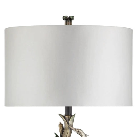 Close-up of Crane Motif 31 Inch Tall Table Lamp With One Light, Gold Finish, Composite Body, elegant white shade detail