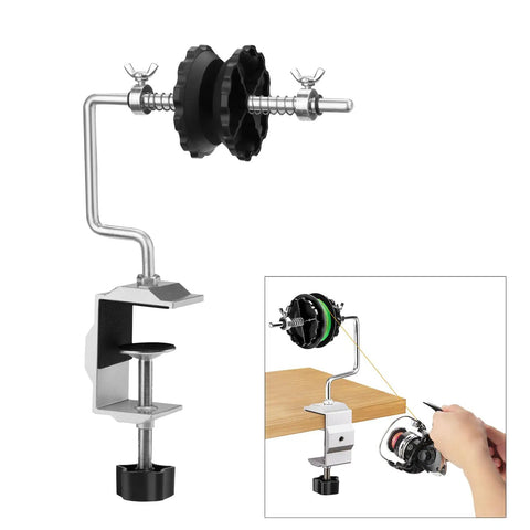 Portable Fishing Line Spooler Winder For Spinning And Baitcasting Reels Table Clamp Spool Holder With Tensioner shown in use