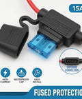 Premium 15 Amp Atc Ato Blade Fuse With 14 Awg Inline Fuse Holder Harness Kit For Cars Trucks Boats And Marine Applications Dual Voltage Water Resistant Cap Two Pack showing blue fuse holder and red wire.