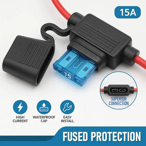 Premium 15 Amp Atc Ato Blade Fuse With 14 Awg Inline Fuse Holder Harness Kit For Cars Trucks Boats And Marine Applications Dual Voltage Water Resistant Cap Two Pack showing blue fuse holder and red wire.