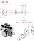 No Sweat Push Button Catch Lock Keyless Drawer Latch Knob for RV Cabinets Boats and Camper Doors dimensions and installation notes.