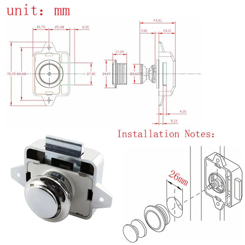 No Sweat Push Button Catch Lock Keyless Drawer Latch Knob for RV Cabinets Boats and Camper Doors dimensions and installation notes.