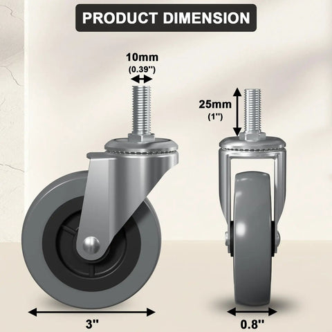 Heavy Duty 3 Inch Replacement Swivel Caster Wheels 6 Pack Low Profile Chrome Finish Steel Axle 150 Lbs Load Capacity On Carts Furniture And Tool Stands Sweet Deal Smooth Action Rock Solid Build dimension illustration showing size and stem length.