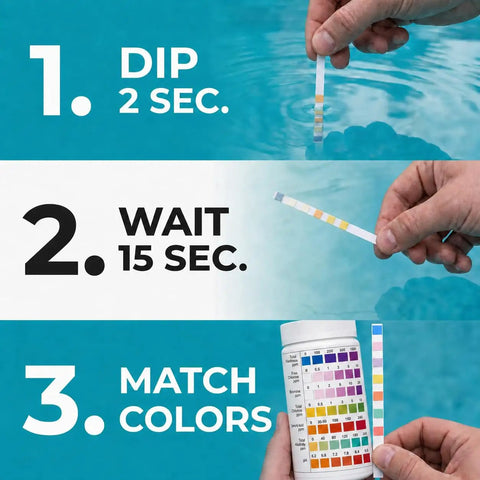 Instructions for using Top Shelf 7 In 1 Pool Spa And Hot Tub Test Strips 150 Count Water Chemistry Kit to check water quality.