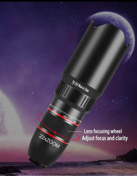 Dual Focus Low Light Monocular Telescope With Smartphone Tripod 22x Zoom Surround View System highlighting lens focus wheel