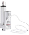 Dead Quiet 12 VDC Linear Actuator Motor With Automatic Limit Switch Shutdown For Smooth Push Pull Motion No Burnouts Or Drama, compact design, silver metal finish.
