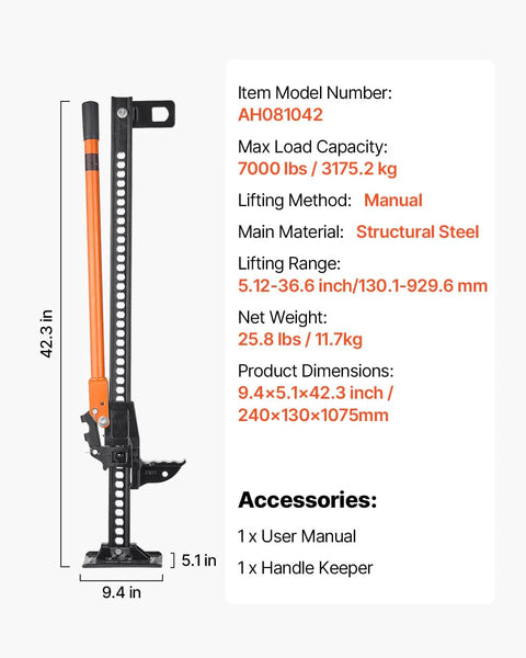 VEVOR 42 Inch Farm Jack 7000 Lbs High Lift Utility Ratchet Off Road Heavy Duty Truck Tractor SUV Jeep Recovery Winch Clamp Pull Tool 5-36 In Range with detailed specs on steel material and lifting capacity.