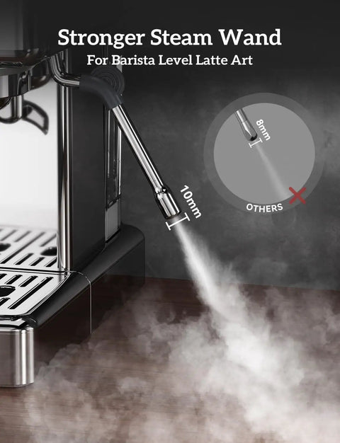 Close-up of steam wand on All-In-One Espresso Machine With Built-In Grinder, 58mm Portafilter, 15 Bar Pressure, 190 To 205 F Temperature