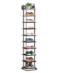 Rock Solid 10 Tier Metal Shoe Rack With Coat Hooks Game Changer For Entryway Clutter Brown Heavy Duty Shoe Cube Organizer Shelf For Closet Garage in vertical view with shoes.