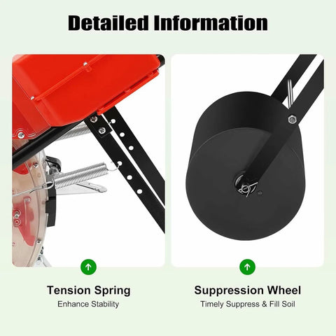 Tension spring and suppression wheel of Walk Behind Hand Push Seeder With Ten Equidistant Nozzles, Garden Row Crop Planter