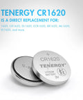 Tenergy CR1620 lithium coin cell battery with clear labeling, direct replacement for various models, showcases 3V power.