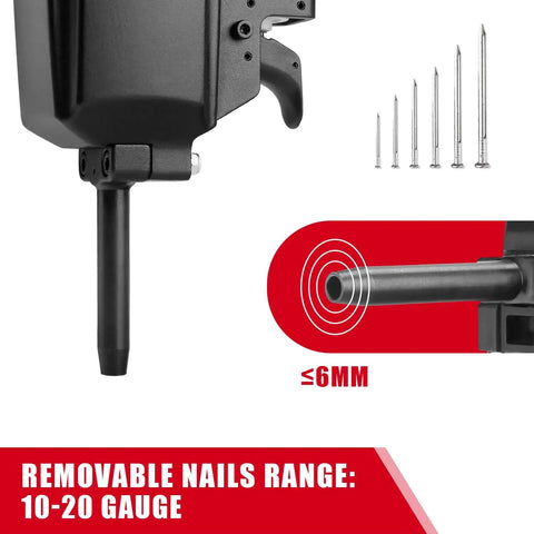 Punch Nailer And Nail Remover And Nail Puller For Woodwork And Pallets 10 To 20 Gauge showcasing removable nail range