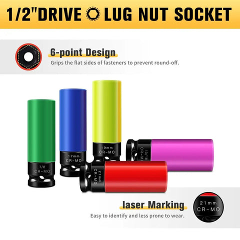 1/2 Inch Drive Wheel Protector Impact Socket Set Non Marring Thin Wall Deep Sockets Cr-Mo 6 Point Color Coded Protective Sockets
