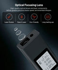 Compact Rechargeable Digital Laser Distance Meter With Backlit Display Delivers Quick 0.2 Second Measurements And Pinpoint One Sixteenth Inch Accuracy Up To 131 Feet One Button Operation Pocket Friendly Dope Tool with optical lens close-up