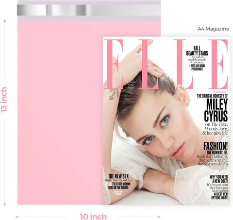 Light Pink 10x13 Poly Mailers 100 Pack Waterproof Shipping Envelopes for Clothing shown with magazine for size comparison