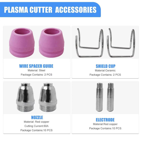 Plasma Cutter Torch Consumables Kit.040 Inch Tips For SG-55 And WSD-60 Cutters, pink wire spacer guides, steel shield cups.