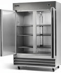 Rock Solid All Stainless Steel Two Door Reach In Commercial Freezer, 49 Cu Ft Capacity with open doors, adjustable shelves and casters.