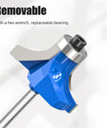 Close-up of a Top Shelf 7 Piece 1/4 Inch Shank Roundover Router Bit Set featuring removable bearing and hex wrench compatibility.