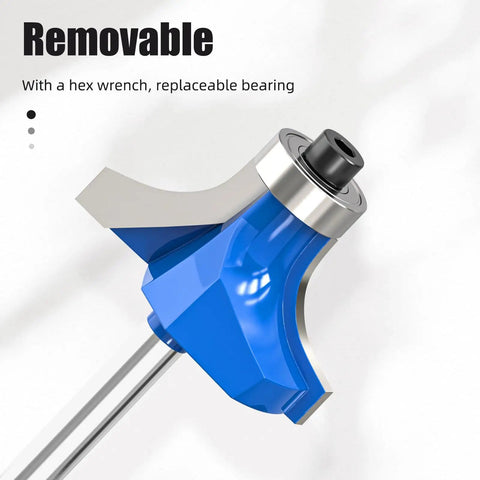 Close-up of a Top Shelf 7 Piece 1/4 Inch Shank Roundover Router Bit Set featuring removable bearing and hex wrench compatibility.