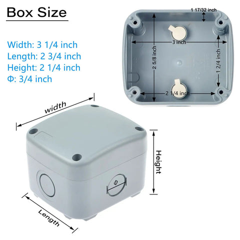 IP66 Weatherproof Electrical Junction Box Enclosure For Outdoor Electronics, Dustproof And Rugged Waterproof ABS Plastic, Gray, 3.3x2.8x2.3 Inch, Project Box, 100 Pack size diagram showing dimensions and cable holes