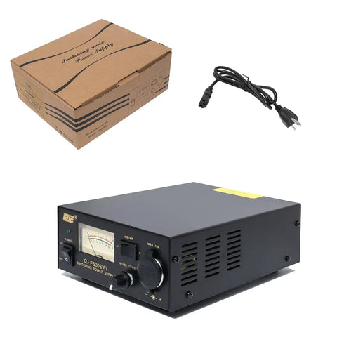 Beefy 13.8V 30A DC Power Supply For Radios With Cigarette Plug, box and power cord shown, ideal for HAM CB VHF UHF radio gear