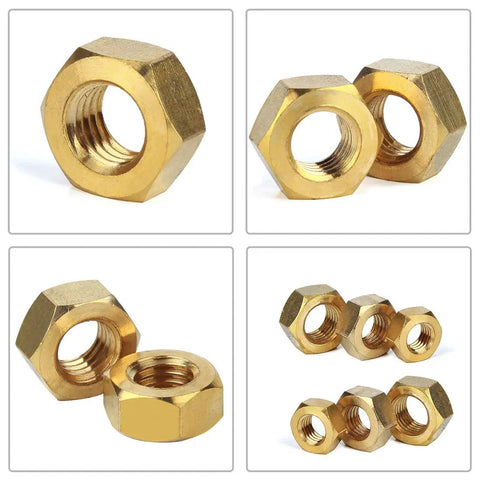 High Strength Brass Hex Nuts Set 160Pcs Metric M2 M2.5 M3 M4 M5 M6 M8 M10 Assortment Kit shown in four views