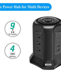 Power Strip Tower Surge Protector With Nine AC Outlets And Four USB Ports 900 Joules Long Ten Foot Flat Plug Extension Cord