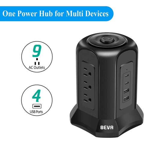 Power Strip Tower Surge Protector With Nine AC Outlets And Four USB Ports 900 Joules Long Ten Foot Flat Plug Extension Cord