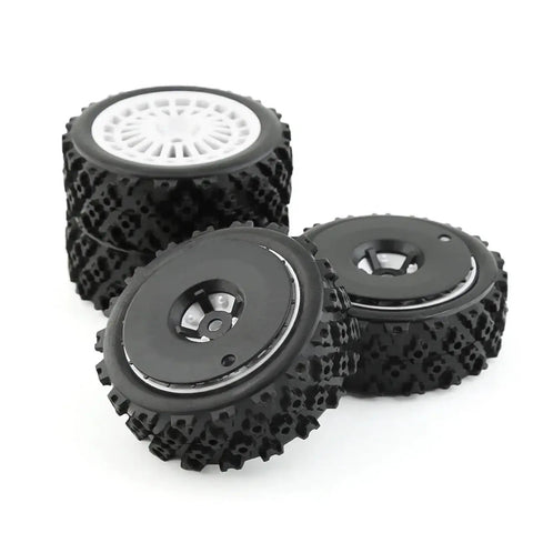 72mm Rubber Tires For One Tenth Scale RC Cars Grippy Beefed Up Wheels That Fit TT01 TT02 XV01 TA06 PTG2 And More Durable Slippage Resistant For Smooth Acceleration And Precise Handling In Racing And Hobby Use, black and white tire set