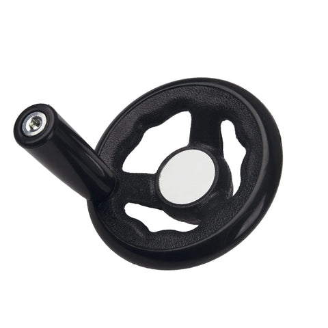 Rrina black round hand wheel with revolving knob handle; silver center hub for mill, drill press, or lathe