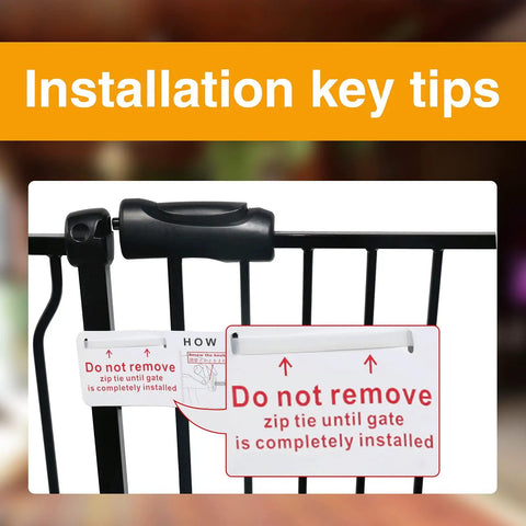 Installation close-up of Extra Wide Indoor Baby Gate for Doorways and Stairs Pressure Mounted Walk Through Black Metal Gate.