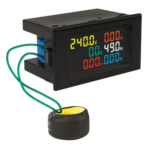 Power Detector Multi Function Meter With LCD Display For AC 40-300V And 0-99.99A Reads Voltage Current Active Power Energy Frequency Power Factor Voltmeter And Ammeter On A Clear HD Color Screen showing 240V