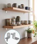 25 Pack Heavy Duty Shelf Pins 5mm Stainless Steel Cabinet Hardware showing shelf installation with mugs and pots.