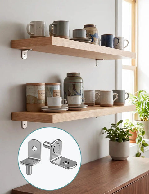 25 Pack Heavy Duty Shelf Pins 5mm Stainless Steel Cabinet Hardware showing shelf installation with mugs and pots.