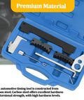 Top Shelf Car Timing Tool Kit With Hardcore Grip Camshaft Holding Belt and Shop Tested Timing Locking Kit For Auto Camshaft Tensioning and Dead Center Alignment Compatible With 16V 1.4 1.6 1.8 En6340 Km6340 Blue in a blue case showing various tools inside.